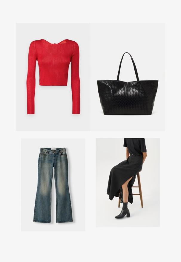 Rotes geripptes Langarm-Crop-Top mit weitem Ausschnitt und einem Reißverschluss auf der Rückseite. Glatte Textur und körperbetonte Silhouette.; Blaue Schlagjeans mit einem ausgewaschenen Look, fünf Taschen und einem Knopfverschluss. Das Material zeigt eine Denim-Textur mit dezenten Stickdetails.; Schwarzer Leinen-Maxi-Rock mit hohem Schlitz, getragen mit einem schwarzen T-Shirt und schwarzen Knöchelstiefeln. Minimalistisches Design mit lockerer Passform.; Schwarze geflochtene Tragetasche mit zwei stabilen Griffen, die eine glänzende Textur und ein geräumiges offenes Design bietet.