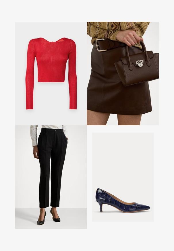 Röd ribbad långärmad crop top med vid halsringning och dragkedja bak. Slät textur och figurnära silhuett.; Svarta skräddarsydda byxor med hög midja, med veck, knappstängning och sidofickor. Tillverkade av ett mjukt tyg.; Mörkblå, lackläders högklackad sko med spetstopp och en liten, smal klack. Har en quiltad textur och inga synliga hårdvarudetaljer.; Brun läderhandväska med texturerad yta och silverdetaljer, hålls med en hand bredvid en brun läderkjol och en mönstrad tröja.
