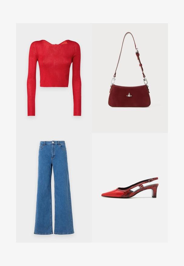 Rød strikket langermet crop top med vid halslinning og glidelås bak. Glatt tekstur og tettsittende silhuett.; Bredde ben blå denim jeans med høy midje, frontlommer og knappelukking. Stoffet har en jevn tekstur og et klassisk søm mønster.; MAX&Co. BLAIR - Klassiske pumps - rot; Rød semsket skulderveske med buet form. Har sølvfargede akenter og justerbar stropp med detaljer i metall. Glatt tekstur.