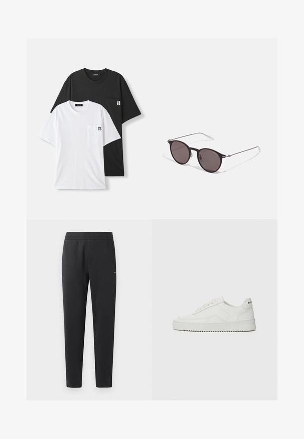 Twee t-shirts worden tentoongesteld: één zwarte en één witte, beide met korte mouwen en een klein borstzakje. Logo's zijn zichtbaar op het zakje.; Zwarte joggingsbroek gemaakt van zachte stof, met een elastische tailleband, rechte pijpen en een klein logo detail aan de zijkant.; Witte leren sneaker met een gladde afwerking, ronde neus, platte veters en een gestructureerde zool. Kenmerkt zich door een subtiel logo op de hiel.; Zwarte ronde zonnebril met donkere lenzen en slanke metalen armen. Inclusief heldere tempelpunten en zilveren accenten bij de scharnier. Minimalistisch ontwerp.