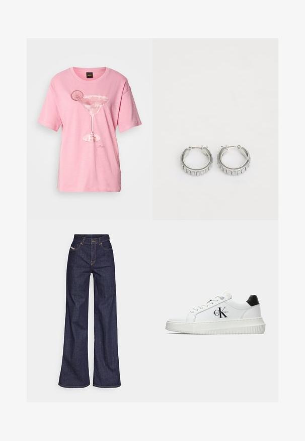 Pink bomulds t-shirt med et trykt design af et margarita-glas med en limebåd. Korte ærmer og rund halsudskæring.; Mørkeblå bredbenede jeans i denimstof med høj talje, prydet med orange stikninger, fem-lomme design og knaplukning.; Hvide lavtoppede sneakers med sort hælkænke, platformssål, snørebånd og Calvin Klein "CK" logo på siden.; Sølv hoop øreringe med et struktureret design, der har lodrette riller. Cirkelformede med en sikker lås. Glat finish.