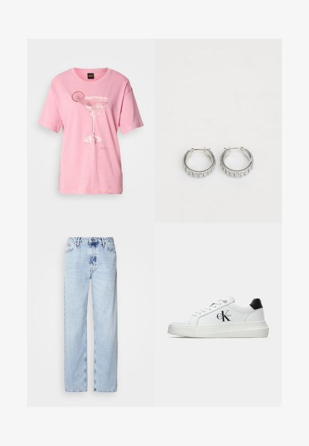 T-shirt de algodão rosa com design impresso de um copo de margarita e uma fatia de lima. Mangas curtas e decote redondo.; Calças em ganga de perna larga de tom azul claro, com cintura alta, lavagem desbotada e um discreto padrão tie-dye na parte da frente.; Sapatilhas brancas de cano baixo com aba preta no calcanhar, sola tipo plataforma, cordões e logo "CK" da Calvin Klein na lateral.; Brincos em argola prateados com um design texturizado que apresenta sulcos verticais. Forma circular com um fecho de segurança. Acabamento suave.