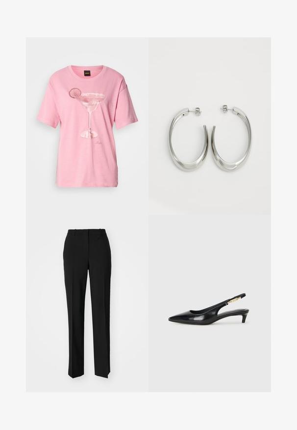 Camiseta de algodón rosa con un diseño impreso de un vaso de margarita y una rodaja de lima. Mangas cortas y escote redondo.; Pantalones negros ajustados con un diseño de pierna recta, que presentan una textura suave y pliegues nítidos en el frente. Sin herrajes visibles.; Tacones negros de piel sintética tipo slingback con punta afilada, que cuentan con un tacón delgado y un detalle en tono dorado en la correa ajustable. Textura suave.; Pendientes de aro de plata con un diseño curvado y suave. Presentan un acabado metálico brillante y cierre de presión. Sin patrones ni acentos visibles.