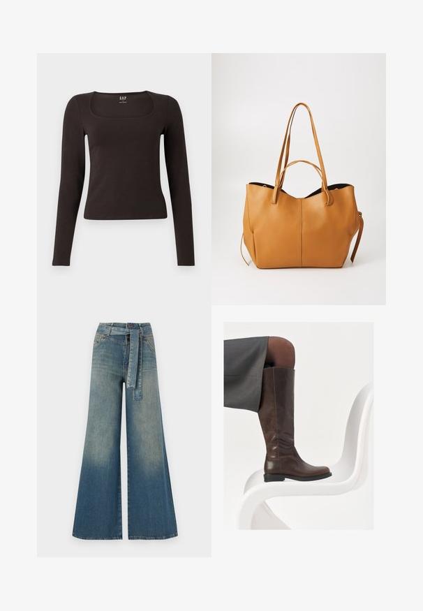 Black long-sleeve, fitted top with a square neckline, labeled GAP, displayed on a white background.; Wide-leg denim trousers featuring a light to dark blue gradient, high waist, belt loops, and a matching fabric belt. Textured denim finish.; Brown leather knee-high boot with a rounded toe, smooth texture, and minimal stitching details, set against a light background on a white chair.; Tan leather tote bag with a textured finish, wide opening, and two long handles. Features a simple design and minimal hardware.