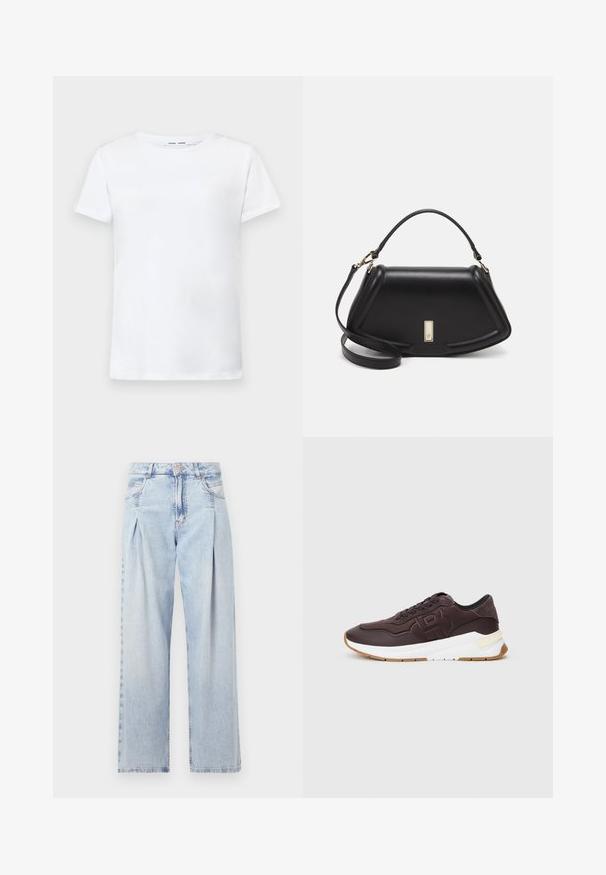 Bijela kratka majica s kratkim rukavima od pamuka s dizajnom okruglog izreza. Glatka tekstura i ravni kroj, bez uzoraka ili naglaska.; Svijetloplavi traperice s visokim strukom, širokim krojem, dva bočna džepa i naboranim dizajnom. Mekana tekstura s izblijedjelim završetkom.; Tamno smeđi tenisice s crnim obrubom, urezani logo sa strane, debeo bijeli potplat i smeđe gumene potplate na jednobojnoj pozadini.; Crna kožna torba s strukturiranim dizajnom, s krojenim oblikom, gornjom drškom i zlatnim detaljima. Uključena je podesiva ramena traka.