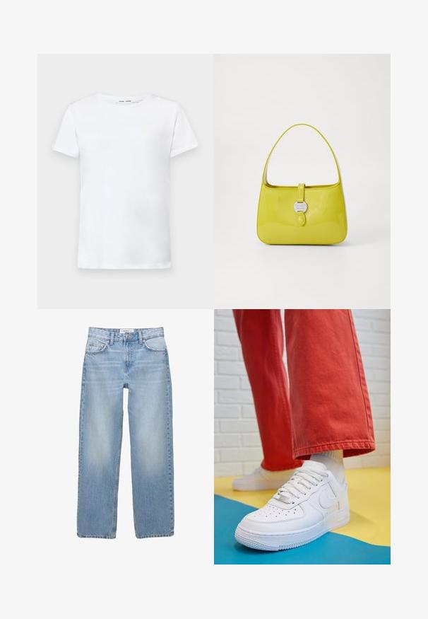 White short-sleeve t-shirt made of cotton with a crew neck design. Smooth texture and straight cut, no patterns or accents.; Light blue denim jeans with a straight-leg design, five-pocket style, and visible stitching details. The fabric has a soft, slightly faded texture.; White leather sneaker with perforated toe box, textured sole, and white laces, paired with wide red pants and a blue and yellow background.; Yellow patent leather handbag with a structured shape, a top handle, and a front snap closure featuring a circular metal logo accent.