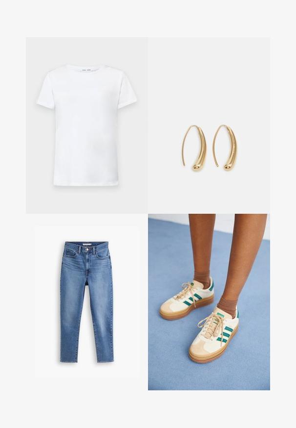 Tricou alb cu mâneci scurte, fabricat din bumbac, cu design de guler rotund. Textură netedă și croială dreaptă, fără modele sau accente.; Jeans pentru femei, de culoare albastră, cu talie înaltă, cu închidere frontală cu nasture și fermoar, bucle pentru curea și design cu cinci buzunare, așezate pe un fundal alb.; Adidași bej cu dungi verde închis, talpă din cauciuc, parte superioară din suede și material textil, și accesorii neutre, asortați cu șosete maro pe o suprafață de culoare albastră deschisă.; Cercei din metal auriu, cu un design curbat și alungit. Au o suprafață netedă și strălucitoare, cu un vârf rotunjit pentru un detaliu suplimentar.