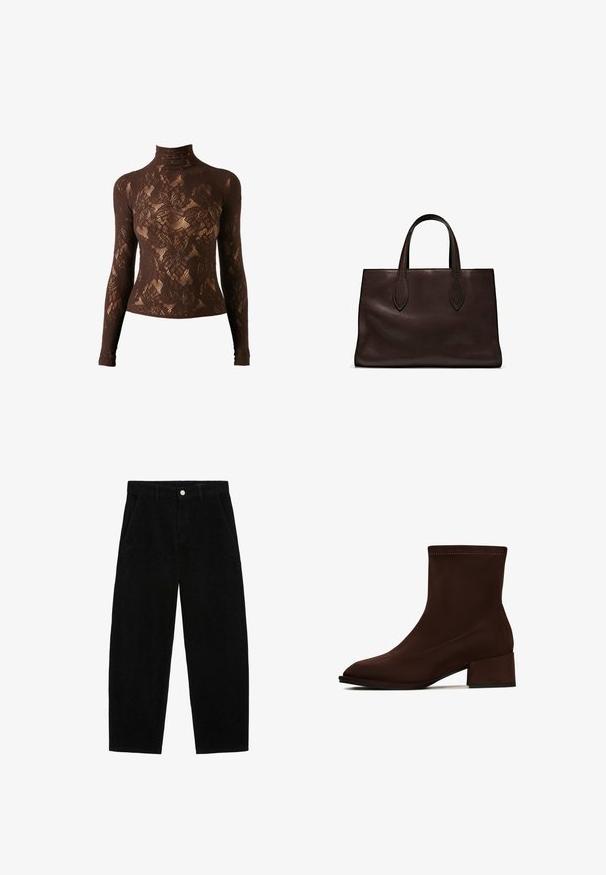 Brauner Spitzenturtleneck mit langen Ärmeln, Blumenmuster und taillierter Silhouette. Strukturierter Stoff mit subtiler Durchsichtigkeit.; Schwarze Cordhosen mit weit geschnittenem Design, ausgestattet mit seitlichen Taschen und einem vorderen Knopfverschluss. Die Textur ist gerippt und bietet ein weiches Gefühl.; Braune synthetische Knöchelstiefel mit spitzem Zeh, mittelhohem Blockabsatz und glatter Textur, die eine schlichte Nahtdetail entlang der Oberseite aufweisen.; Braune Ledertasche mit zwei langen Griffen, strukturierte rechteckige Form, glatte Textur und dezente Nähdetails.