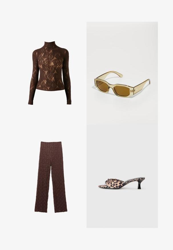 Brauner Spitzenturtleneck mit langen Ärmeln, Blumenmuster und taillierter Silhouette. Strukturierter Stoff mit subtiler Durchsichtigkeit.; Braune, strukturierte Hose mit gewellter Oberfläche, weitem Bein und einem elastischen Bund. Der Stoff wirkt weich und leicht dehnbar.; Leopardenmuster-Mules mit einem niedrigen, schwarzen Stiletto-Absatz. Obermaterial aus weichem Stoff mit einer Knoten-Detail vorne und einer glatten, flachen Sohle.; Transparente, bernsteinfarbene Sonnenbrille mit rechteckigen Gläsern, dicken Bügeln und glänzender Oberfläche, die ein dezentes Logo an der Seite aufweist.; Geflochtener brauner Handtasche mit runder Silhouette, ausgestattet mit einem oberen Griff und strukturierten Oberfläche. Kompaktes Design mit flachem Boden für Stabilität.