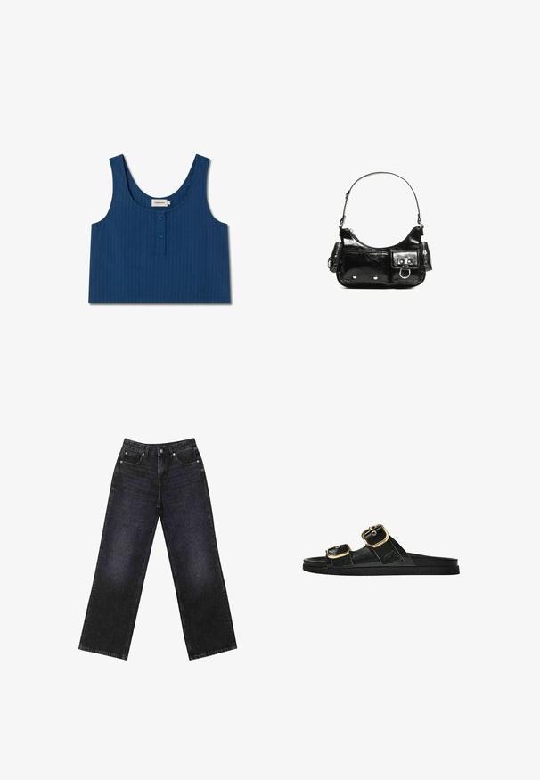 Niebieski prążkowany crop top na ramiączkach z szerokimi paskami, okrągłym dekoltem i dwoma guzikami z przodu. Wykonany z lekkiego materiału.; Czarne dżinsy z wysokim stanem i szerokimi nogawkami, pięciokieszeniowy design oraz widoczne szwy. Materiał ma gładkie, lekko teksturowane wykończenie.; Czarne klapki z dwoma złotymi klamrami, gładki materiał, płaska podeszwa i minimalistyczny design.; Czarna torebka z lakierowanej skóry o zaokrąglonym kształcie, z jednym paskiem na ramię, przednimi kieszeniami i akcentami w kolorze srebrnym.