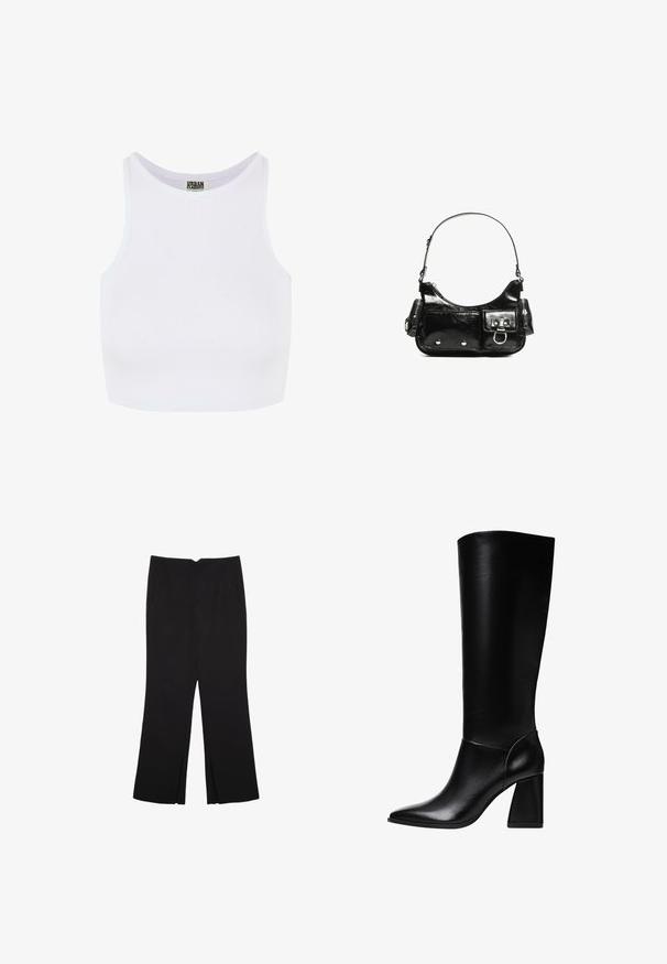 Hvid ribbet cropped tanktop med brede skulderstropper og en rund udskæring. Har en blød tekstur og et minimalistisk design uden mønstre.; Sorte bukser med lige pasform, der har frontlommer og slidser i kanten. Lavet af blødt, glat stof. Velegnet til forskellige anledninger.; Stradivarius Højhælede støvler - black; Sort patenteret læder håndtaske med en buet form, en skulderrem, frontlommer og hardware accenter i sølvfarve.