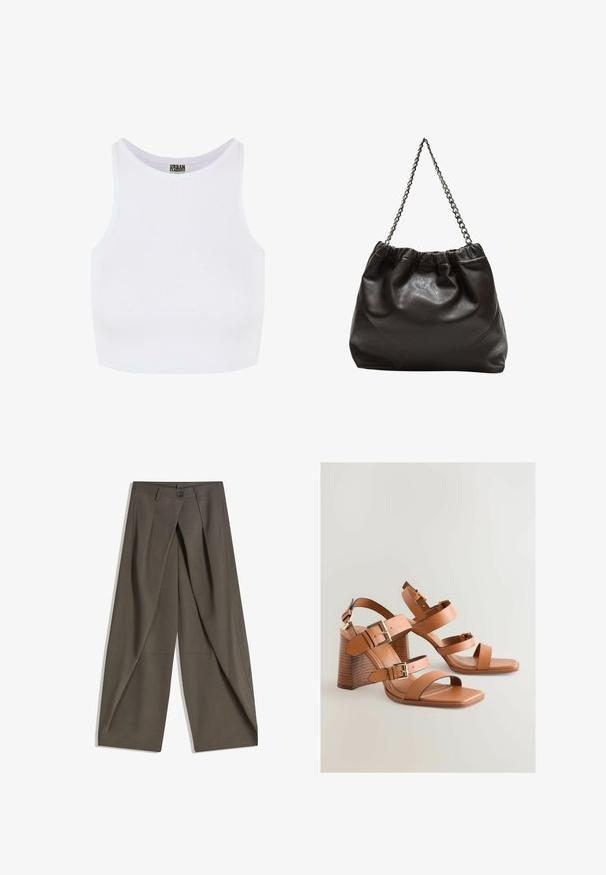 Weißes, geripptes, kurzes Tanktop mit breiten Trägern und einem runden Ausschnitt. Hat eine weiche Textur und ein minimalistisches Design ohne Muster.; Weite Hosen aus einem strukturierten, dunkelgrauen Stoff. Mit einer vorderen Faltenlegung, Knopfverschluss und praktischen Seitentaschen ausgestattet.; Braune Leder-High-Heel-Sandalen mit mehreren Riemen, goldenen Hardware-Elementen und einem schrägen Blockabsatz. Glatte Textur, offenes Zehen-Design.; Braune Lederhandtasche mit gerafftem Oberteil und Kettenriemen. Glatte Textur mit glänzendem Finish und subtilen Nahtdetails an den Seiten.