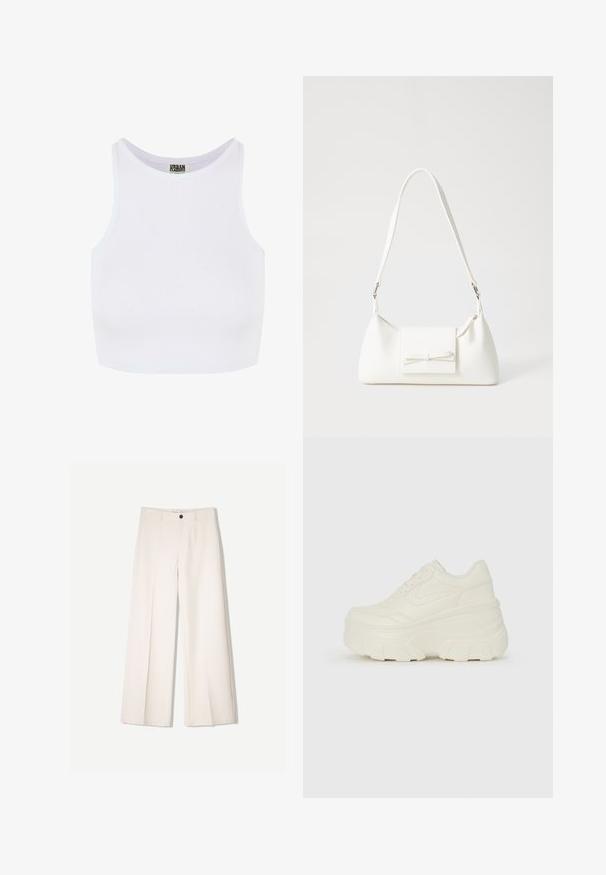 Top cropped bianco a coste con spalline larghe e scollatura rotonda. Presenta una texture morbida e un design minimalista senza motivi.; Pantaloni larghi color crema con design sartoriale, dotati di due tasche frontali e una chiusura con bottone anteriore, realizzati in tessuto liscio.; Sneakers bianchi con piattaforma, caratterizzati da una parte superiore simile alla pelle liscia, forma arrotondata, collo imbottito e suola in gomma testurizzata con scanalature ben definite.; Borsa sintetica bianca a forma triangolare, con patta anteriore piatta e dettaglio a fiocco, tracolla regolabile, texture liscia e design minimalista.