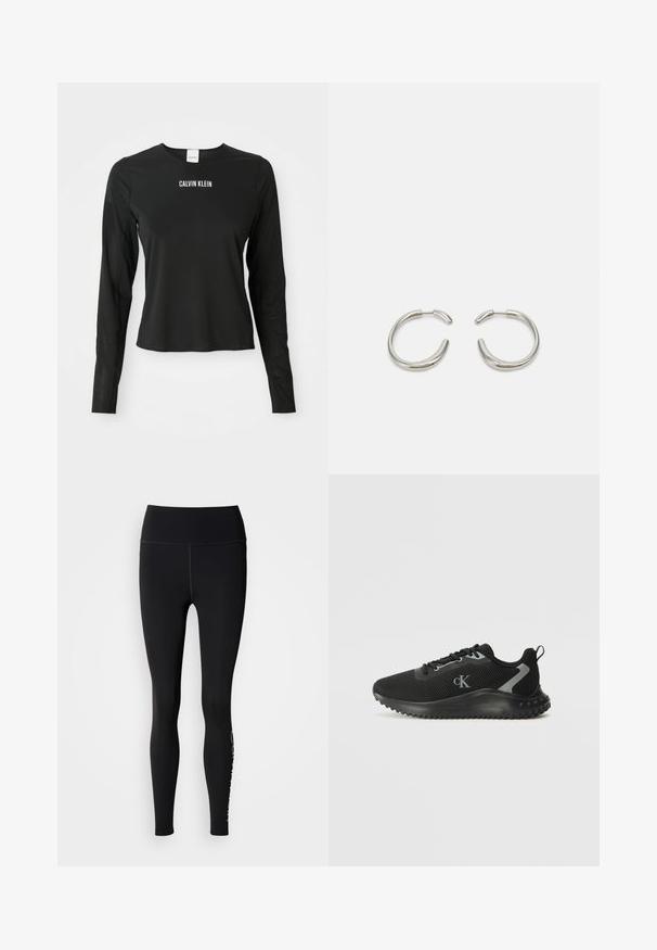 Svarte langermede mesh-top med rund hals, med hvit "CALVIN KLEIN" logo sentrert på brystet.; Sorte tights med høy midje, glatt tekstur, hel lengde design og en hvit logo aksent langs nedre venstre ben.; Svart lavtoppaid sneakers med pustende mesh, snøret design, teksturert såle og "cK" logo på siden.; Sølv hoop øredobber med en glatt, avrundet design og en elegant, polert finish. Har en minimalistsk form med en liten åpning.