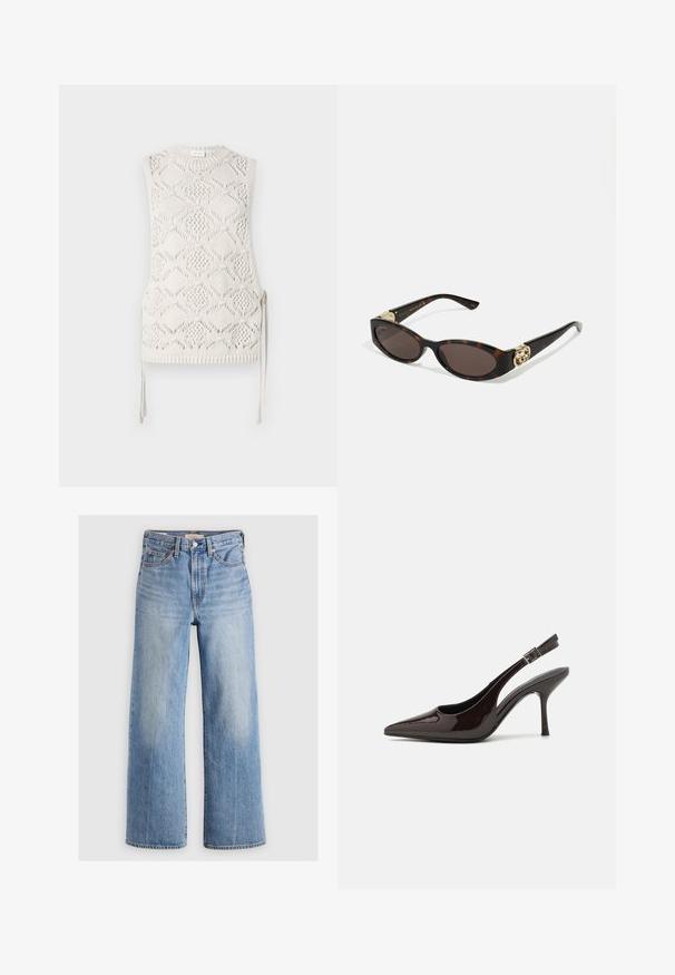 Top senza maniche in maglia di colore bianco sporco con un motivo a diamante, superficie texturizzata e legature laterali. Collo tondo e dettaglio a coste sull'orlo.; Jeans in denim blu chiaro a gamba larga con vita alta, aree sbiadite, cinque tasche e cuciture a contrasto. Classico bottone e chiusura con zip.; Scarpa con tacco alto tipo slingback in pelle verniciata marrone scuro lucido, punta affusolata, lati aperti e cinturino alla caviglia regolabile.; Occhiali da sole tartarugati con lenti ovali allungate, tonalità marrone, accenti dorati con logo sulle tempie e aste nere eleganti.; Orecchini a vortice dorati con supporto trasparente, caratterizzati da accenti dorati testurizzati e piccoli gemstone trasparenti incastonati nel design.