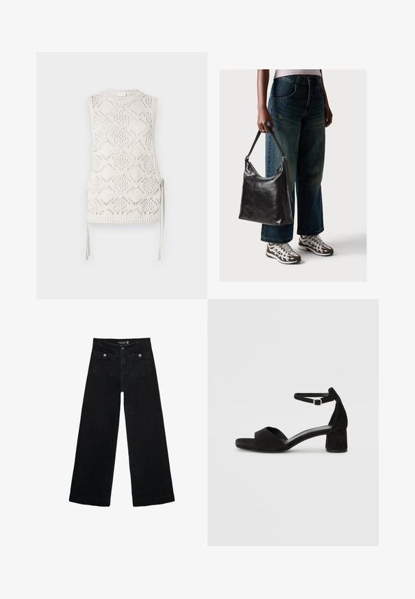 Pleteni brezrokavnik v off-white barvi z motivom diamanta, teksturirano površino in stranskimi zavezanimi detajli. Okrogla izreza in rebrasti rob.; Črne široke kavbojke z visokim pasom, ki imajo dva sprednja žepa in kovinske gumbi. Tkanina ima gladko teksturo.; Črne zamshe sandale na peto z tankim trakom okoli gležnja, odprto konico in zmerno blok peto. Gladka tekstura in minimalni detajli.; Črna usnjena torba za ramo z gladko teksturo in nastavljivim trakom, v kombinaciji z zbledelimi širokimi hlačami in športnimi supergami.