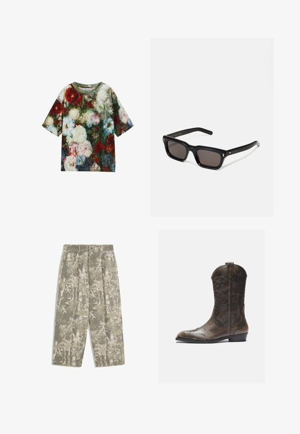Tričko s krátkým rukávem s květinovým vzorem v červené, bílé, modré a zelené barvě; vyrobeno z měkké tkaniny s kulatým výstřihem.; Kargo kalhoty s širokými nohavicemi v zeleném a béžovém maskáčovém vzoru s listy a kůrou, se zapínacími kapsami a poutky na pás.; Hnědé kožené kovbojské boty s vysokým sálem, špičatou špičkou, složitými vyšívanými vzory a malým podpatkem. Texturovaný povrch po celé délce.; Černé obdélníkové sluneční brýle s tmavými skly, silným plastovým rámem, zlatými akcenty na spáncích a vyrytým logem značky na nožičce.