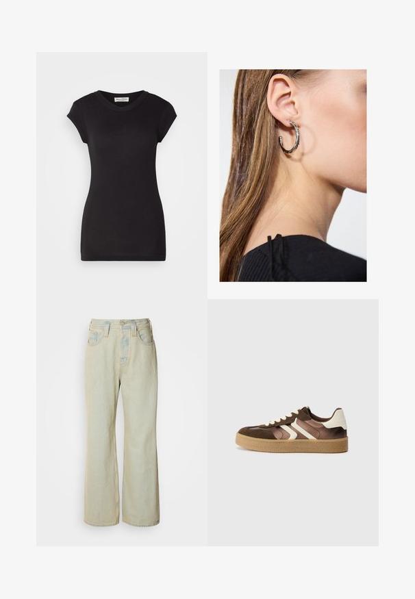 Črna bombažna majica s krožnim izrezom, kratkimi zavihanimi rokavi in prilegajočim se dizajnom. Gladka tekstura in minimalističen stil.; Svetlo modri široki kavbojki iz denima, z visokim pasom, petimi žepi in subtilnim zbledelostjo z kontrastnimi šivi.; Rjave in kremne športne copate iz kombinacije semiša in satena, s tremi diagonalnimi črtami in teksturirano gumijasto podplatom.; Srebrna obročasta uhana s polirano površino, ki vključuje majhne zlate poudarke in okroglo obliko, nošena na ušesnem lobu.