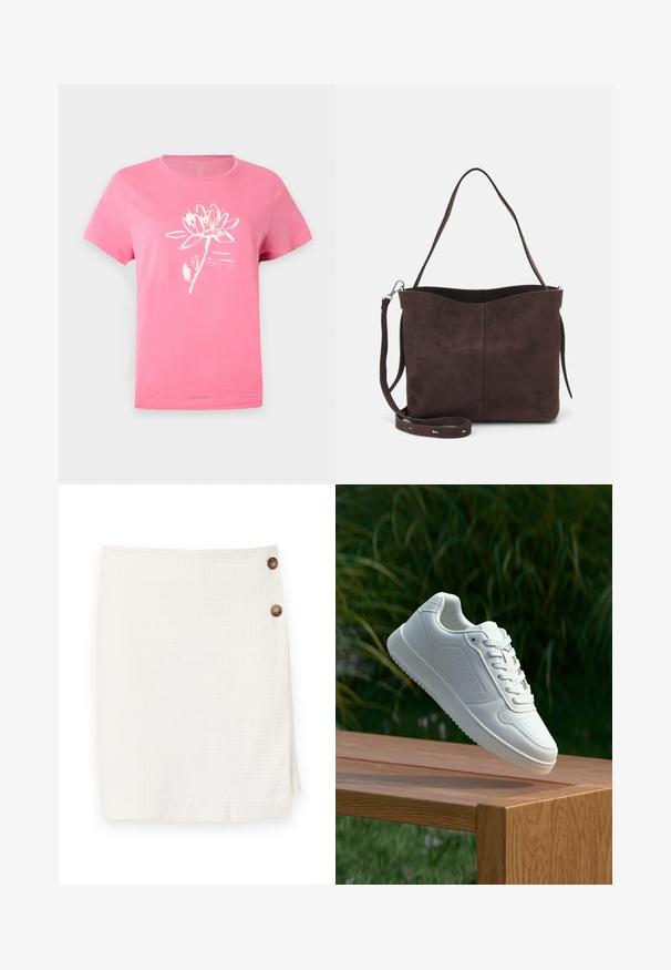 Rožinė medvilninė marškinė su trumpomis rankovėmis, puikuojasi baltu lotoso gėlės piešiniu ir tekstu. Apvalus iškirpimas su siuvimo detalėmis.; Balta sijonas su tekstūruotu audiniu, turintis sijono dizainą ir du apvalūs mygtukai šone užsegimui.; Balti sneakeriai su lygia sintetine viršutine dalimi, perforuota pirštų zona, plokščiomis raištelėmis ir tekstūruotu padu, padėti ant medinės paviršiaus.; Ruda suede audinė su minkšta tekstūra, turinti vieną petį ir subtilų kreivinį viršutinį atidarymą. Matomų metalinių detalių nėra.