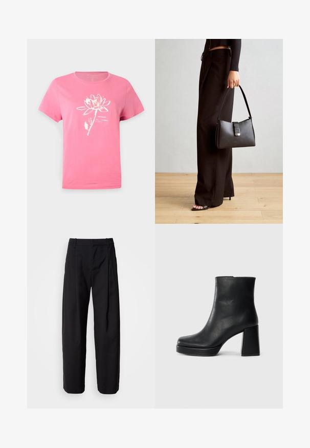 Rózsaszín pamut póló rövid ujjakkal, fehér lótuszvirág grafikával és szöveges mintával. Kerek nyakú, varrás részletekkel.; Fekete nadrág laza szabással, pliszírozott elejével és övbújtatóival. Sima anyagú, egyenes szárú, oldalsó zsebekkel.; Fekete bőr bokacsizma tömbsarkal és platform talppal, oldalról nézve, sima fehér háttéren.; Fekete kézi táska strukturált formával, sima textúrával és fémből készült záródással. Széles fekete nadrággal és nyitott orrú szandállal párosítva, fából készült padlón.
