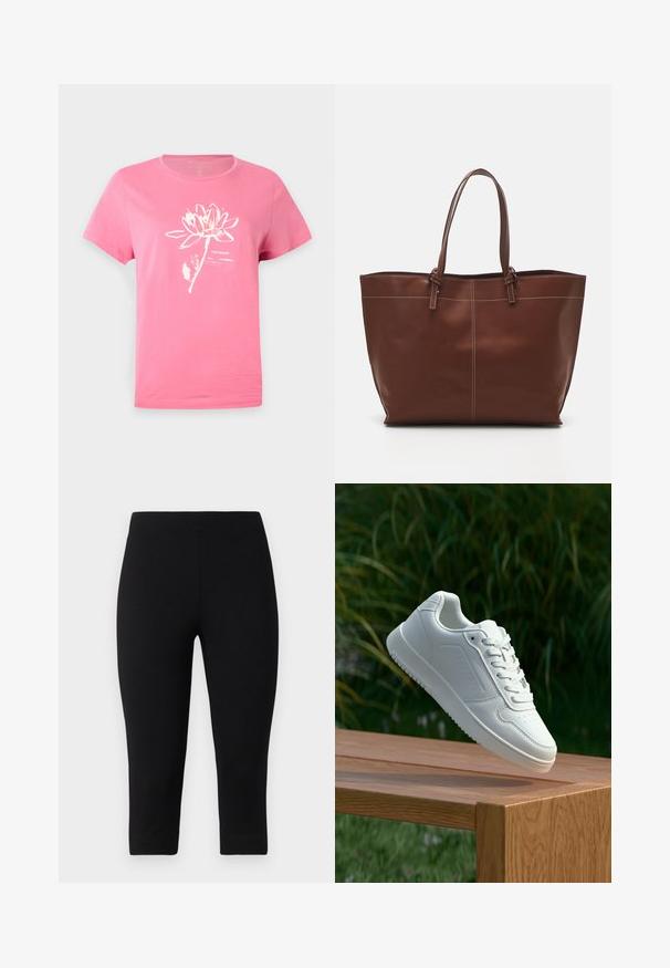 Roze katoenen t-shirt met korte mouwen, voorzien van een witte lotus bloem grafiek en tekstontwerp. Ronde halslijn met stiksel details.; Zwarte capri leggings gemaakt van rekbaar materiaal, met een aansluitende pasvorm en een gladde textuur, zonder opvallende patronen of accenten.; Witte sneaker met een gladde synthetische bovenkant, geperforeerde neus, platte veters en een gestructureerde zool, tentoongesteld op een houten oppervlak.; Bruine leren tote bag met dubbele handvatten, heeft contrasterende stiksels en een ruime indeling, geschikt voor dagelijks gebruik.