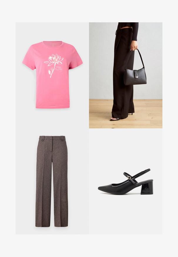 Różowa bawełniana koszulka z krótkim rękawem z białym graficznym wzorem kwiatu lotosu oraz tekstem. Okrągły dekolt z detalami przeszycia.; Brązowe spodnie z szerokimi nogawkami wykonane z teksturowanej tkaniny. Posiadają dwie przednie kieszenie oraz dopasowany krój z dwoma guzikami w pasie.; Czarne lakierowane czółenka na słupku ze spiczastym noskiem, lekko zaokrąglonym wycięciem i obcasem w kształcie bloku. Posiadają złotą klamrę jako akcent dekoracyjny.; Czarna torebka o usztywnionym kształcie, gładkiej fakturze i metalowym zapięciem. Połączona z szerokimi czarnymi spodniami i sandałami na otwartym palcu na drewnianej podłodze.