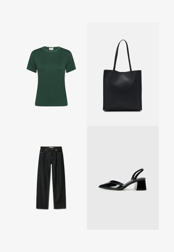 Green short-sleeve t-shirt made of ribbed fabric. Features a scalloped lace neckline and subtle texture. Straight fit and clean design.; Dark denim jeans with a straight-cut design, brass button closure, and contrasting yellow stitching. Features five pockets and a classic fit.; Black patent leather slingback heels with a pointed toe and a geometric block heel. Features a sleek, minimal design and smooth texture.; Black leather tote bag with smooth texture, rectangular shape, and two long handles. No visible hardware or embellishments.