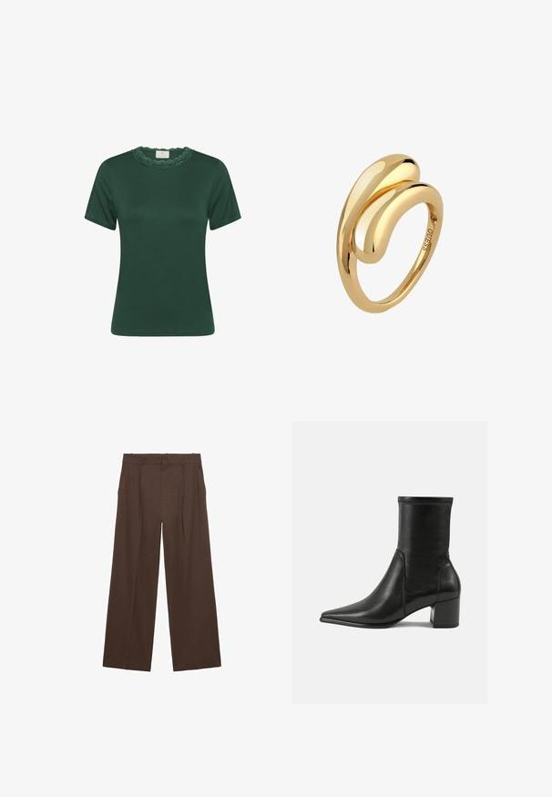 T-shirt verde a maniche corte realizzato in tessuto a coste. Presenta un colletto in pizzo ondulato e una texture sottile. Vestibilità dritta e design pulito.; Pantaloni a gamba larga marroni realizzati in un tessuto liscio, con vita alta, pieghe frontali e due tasche laterali.; Stivale alla caviglia nero in pelle liscia, con punta appuntita, tacco a blocco e cuciture raccolte distintive lungo il bordo superiore.; Anello in oro con un design curvo e fluido che si intreccia, caratterizzato da una finitura lucida senza incisioni o dettagli visibili.