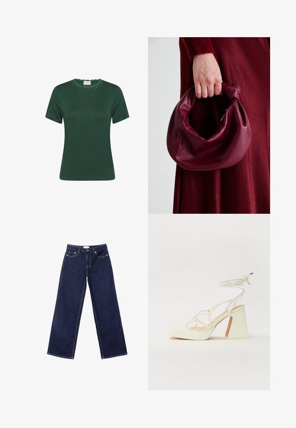 T-shirt verde a maniche corte realizzato in tessuto a coste. Presenta un colletto in pizzo ondulato e una texture sottile. Vestibilità dritta e design pulito.; Jeans a gamba larga di denim blu scuro, con cuciture a contrasto, design a cinque tasche e chiusura con bottoni.; Sandalo bianco con tacco alto, caratterizzato da un design a cinturini e un legaccio alla caviglia. Texture liscia con una piattaforma frontale per un'altezza aggiuntiva.; Borsa in pelle bordeaux con un design morbido e arricciato e una forma arrotondata. Il manico è fissato, mostrando una texture liscia.