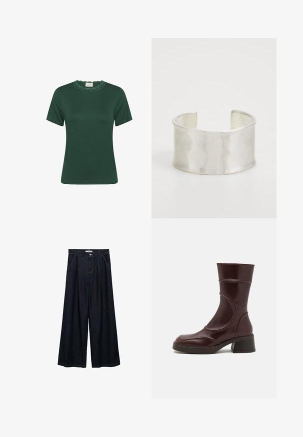 Zelena kratko rukava majica od rebrastog materijala. Ima oblikovanu čipkastu izrezanu ovratniku i suptilnu teksturu. Ravnog kroja i jednostavnog dizajna.; Tamno plave široke traperice visokog struka, koje imaju prednje kopčanje na dugme, dva bočna džepa i detalje šivanja.; MIISTA MALENE - Klasične gležnjače - brown; Zign Narukvica - silver-coloured