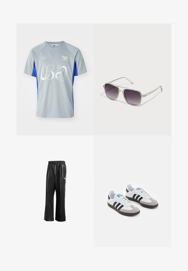 Kortermet trening t-skjorte i grå og blå. Har "OBEY" i hvit skrift, med logoer på brystet og ermet. Laget av lett stoff.; Sorte syntetiske treningsbukser med elastisk midje, som har hvite sidestreker og en liten hvit logo på venstre hofte.; Sportssko med en hvit skinnoverdel, grå semsket tå og tre svarte striper. Har en blå logo på tungen og en teksturert gummisåle.; Klare innrammede solbriller med firkantet form og gradient grå linser. Tynne sølvdetaljer på bøylene gir et ekstra preg.