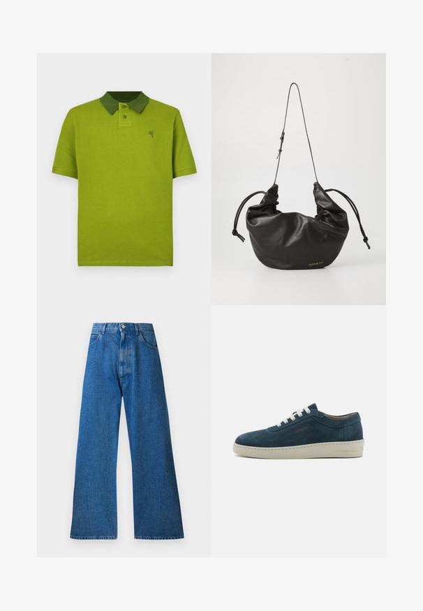 Zelené polo tričko s textúrou, kontrastným tmavším zeleným golierom, dvojtlačidlovým zapínaním a malým logom na hrudi.; Modré riflové široké džínsy s vysokým pásom, piatimi vreckami, kovovým zapínaním a jemným vyblednutím na prednej strane. Hladká textúra.; Modré semišové tenisky s zaoblenou špičkou, bielymi šnúrkami a gumovou podrážkou. Obsahujú jemné šitie a značkový akcent na boku.; Čierna mäkká kožená taška cez rameno s nastaviteľným tenkým popruhom, zhrnuté strany viazané uzlami a malým zlatým logom na prednej dolnej pravej strane.
