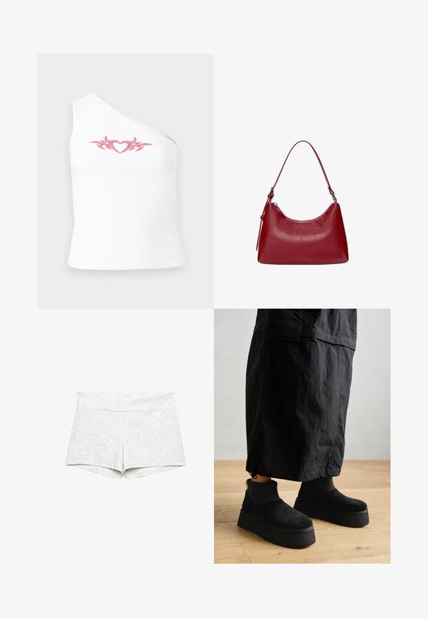 Asimetrična bela majica brez rokavov s pink tribal srčnim vzorcem na prsih; izdelana iz mehkega, raztegljivega bombažnega materiala.; Svetlo sivi raztegljivi šortki z širokim pasom, gladko teksturo in preprostim dizajnom. Obšiti robovi brez vidnih vzorcev ali akcentov.; Črne platforme ankel čevlje iz mehkega semiša z gladkim zaključkom in debelim podplatom. Imajo rebrasto teksturo in neonski poudarek na peti.; Rdeča usnjena torba za ramo z ukrivljeno obliko, gladko teksturo in zadrgo. Ima tanek ročaj za nošenje.