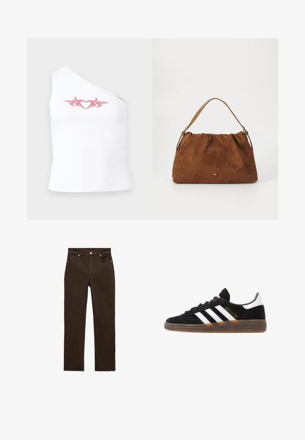 Asymmetrical white sleeveless top featuring a pink tribal heart design across the chest; made from soft, stretchable cotton fabric.; Dark brown straight-leg jeans with five-pocket design, button and zipper closure, and raw hem edges.; Black Adidas sneaker with white stripes, gold "Spezial" text, gum sole, and white heel tab, shown in profile view.; Brown suede handbag with a gathered design, featuring a single tan leather strap and a subtle gold logo detail on the front.
