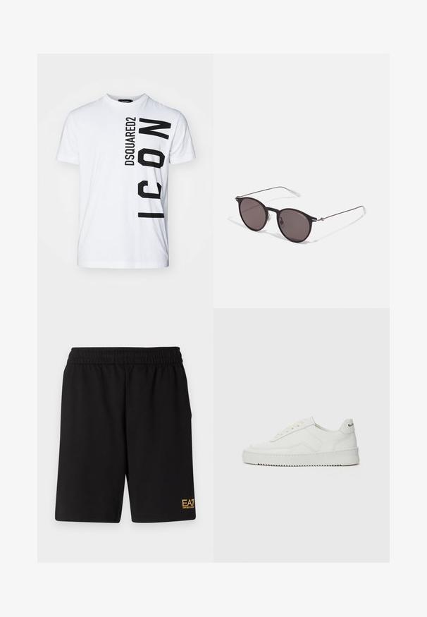Biely bavlnený tričko s okrúhlym výstrihom, na ktorom je výrazný čierny vertikálny text "DSQUARED2 ICON." Krátke rukávy a voľný strih.; Čierne športové šortky vyrobené z jemného materiálu, s elastickým pásom a malým žltým logom EA7 na dolnej ľavej nohe.; Biele kožené tenisky s hladkým povrchom, okrúly špičkový dizajn, ploché šnúrky a textúrovaná podrážka. Obsahujú jemné logo na päte.; Čierne okrúhle slnečné okuliare s tmavými sklami a tenkými kovovými ramenami. Obsahujú priehľadné konce rámov a strieborné akcenty na pántoch. Minimalistický dizajn.