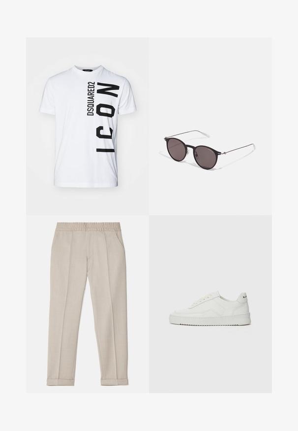 White cotton t-shirt with a crew neck featuring bold black vertical text "DSQUARED2 ICON." Short sleeves and a relaxed fit.; Filippa K TERRY CROPPED TROUSERS - Trousers - sage melange; White leather sneaker with a smooth finish, round toe, flat laces, and a textured sole. Features a subtle logo on the heel.; Black round sunglasses with dark lenses and slim metal arms. Includes clear temple tips and silver accents at the hinge. Minimalist design.