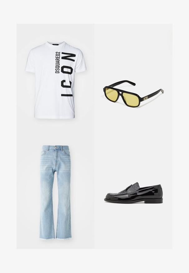 White cotton t-shirt with a crew neck featuring bold black vertical text "DSQUARED2 ICON." Short sleeves and a relaxed fit.; Light blue denim jeans with a high waist, wide-leg cut, and frayed hem. Features classic five-pocket design and visible stitching accents.; Black patent leather loafers featuring a textured upper, a rounded toe, and a flat sole with subtle stitching details.; GCDS UNISEX - Sunglasses - shiny black
