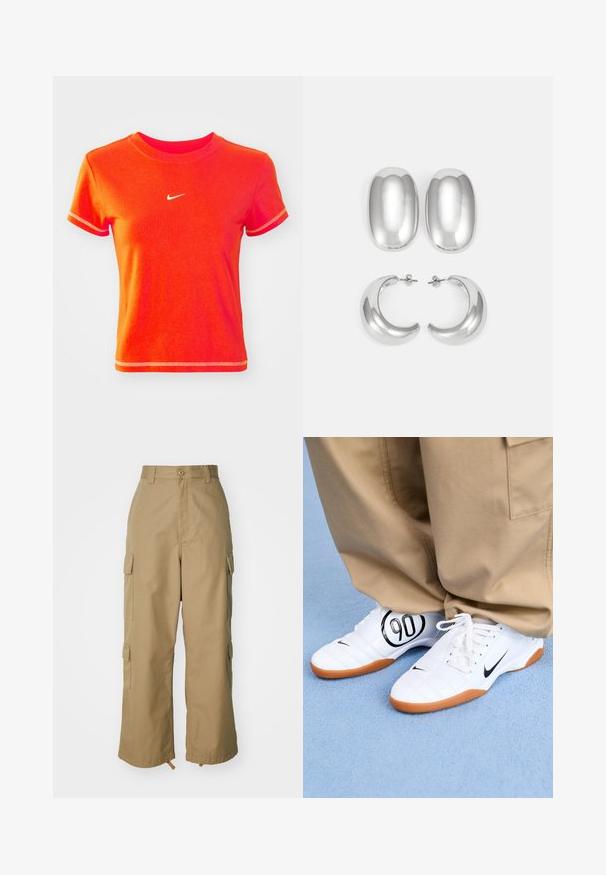 T-shirt vermelho cropped em algodão, com um decote redondo canelado e mangas curtas. Exibe um pequeno logótipo branco da Nike na parte da frente.; Calças cargo bege com uma cintura alta, pernas largas e quatro grandes bolsos laterais. Feitas de um tecido resistente com uma textura suave e minimalista.; Tênis brancos de desporto com um design acolchoado, logo Nike em preto, e um gráfico proeminente "90" em preto na lateral, combinados com calças caqui.; Conjunto de brincos prateados: dois studs ovais e dois brincos em forma de meia-lua, apresentando um acabamento brilhante e suave e um design arredondado.