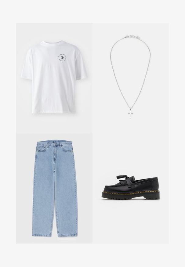 Camisa de algodão branca com decote redondo, mangas curtas e um pequeno design gráfico preto com uma árvore e texto do lado esquerdo.; Jeans de denim azul claro com design de perna reta, apresentando uma cintura de altura média, cinco bolsos e um fecho de botão e zíper.; Mocassim de couro preto com um detalhe de franjas, apresentando uma sola preta robusta e costura amarela ao longo da borda. Acabamento texturizado.; Colar de corrente prateada com um pequeno pendente em forma de cruz. A corrente tem um design de elos delicados, com fecho de lagosta e comprimento ajustável.