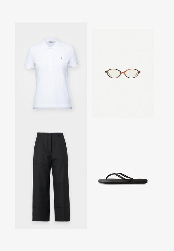 Biela polo košeľa s klasickým golierom, krátkymi rukávmi a zapínaním na päť gombíkov. Na hrudi má malé vyšívané logo.; Čierne široké nohavice vyrobené z hladkej tkaniny. Obsahujú zapínanie na gombík, predné vrecká a čisté línie. Spodná časť je mierne rozšírená.; Čierne žabky s textúrovanou gumovou podrážkou, dvoma štíhlymi popruhmi a diskrétnym embosovaným logom na popruhu.; Korytnačkové okuliare s oválnymi šošovkami a hladkým, lesklým povrchom. Majú tenké strany s jemným zakrivením na spánkoch. Priehľadné šošovky.