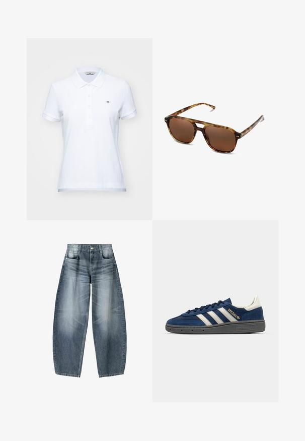 Valkoinen polo-paita, jossa on klassinen kaulus, lyhyet hihat ja viiden napin lista. Paidassa on pieni brodeerattu logo rinnassa.; Laivahousut, jotka on valmistettu vaaleansinisestä denimmateriaalista, jossa on haalistumista. Niissä on viisi taskua, nappisuljenta ja vain vähäisiä ompelutietoja.; Laivastonsininen samettinen lenkkari valkoisilla raidoilla, kultaisella "Spezial" yksityiskohdalla, harmaalla tekstuurilla varustettu pohja, pyöristetty kärki ja vastaavat nauhat. Klassinen muotoilu.; Kilpikonnakuosiset aurinkolasit ruskeilla linsseillä, suorakulmainen muoto ja ohuet sangan osat. Kehyksissä on hienovaraisia metallikoristeluja.