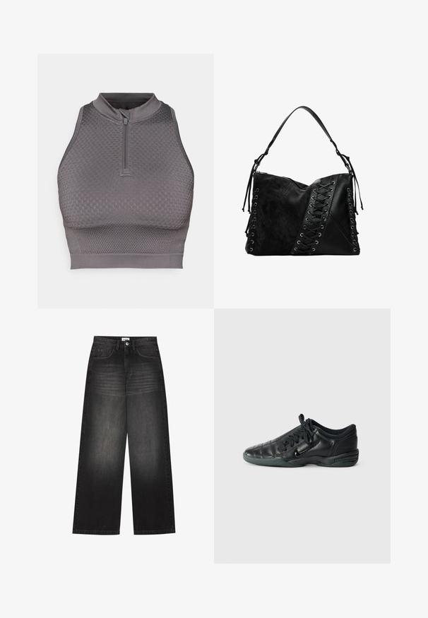 Grå atletisk crop top med lynlås i halsen, struktureret mønster, tætsiddende design og en glat finish ved kanten og armhulen.; YOURTURN UNISEX - Baggy jeans - black denim; Sorte læder sportssko med quiltet design, rund tå, snørret foran og gummisål. Har subtil branding på siden.; Desigual Skuldertasker - black