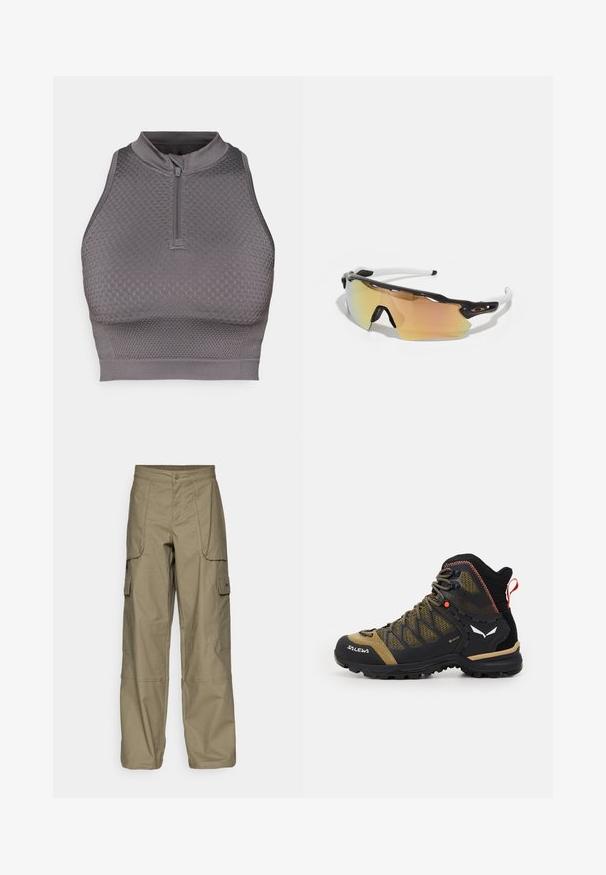 Grå atletisk crop top med lynlås i halsen, struktureret mønster, tætsiddende design og en glat finish ved kanten og armhulen.; Cargo bukser i olivengrønt stof, med en løs pasform, flere sidelommer og en knaplukning i taljen. Glat tekstur.; Mellemhøj vandrestøvle i sort og olivengrøn, med mesh-overdel, gummisål og teksturerede detaljer samt en bageste pull-tab.; Solbriller med en sort og hvid ramme, store spejllinser i guld- og lyserøde nuancer, aerodynamisk design og en udvidet ydre kant.