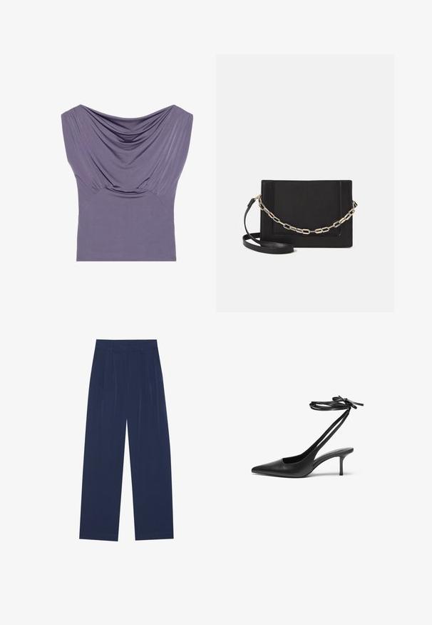 Lila enganliegendes Oberteil mit drapierter Ausschnittlinie, kurzen Ärmeln und gerafftem Textur, aus weichem, dehnbarem Stoff für Komfort hergestellt.; Himmelblaue Weitbundhosen aus weichem Stoff, mit vorderen Falten, glatter Oberfläche und einem geraden Schnitt ohne sichtbare Taschen.; Schwarzer Leder-Stiletto mit spitzem Zehenbereich, offenem Fersenbereich und mit einer Schleife gebundenen Knöchelriemen. Schlanker 3-Zoll-Absatz. Glatte Textur, minimalistisches Design.; Schwarze Leder-Crossbody-Tasche mit glatter Textur, rechteckiger Form und metallic-kettendetail auf der Vorderseite. Verstellbarer Gurt inklusive.