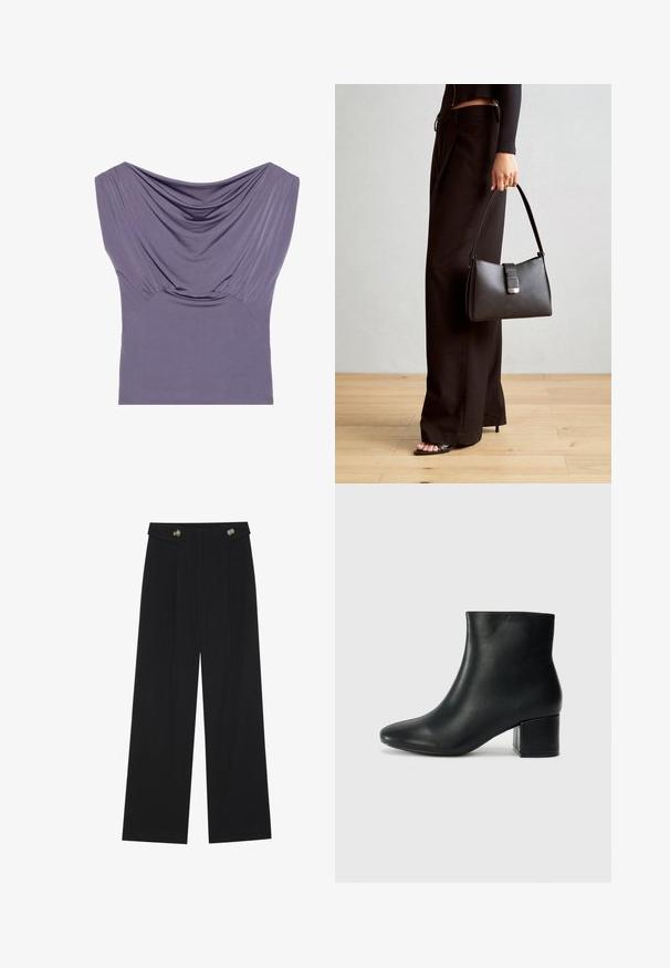 Paarse aansluitende top met gedrapeerde halslijn, korte mouwen en geplooide textuur, gemaakt van zachte, rekbare stof voor comfort.; Zwarte wijde broek met hoge taille, knoopdetails op de tailleband en plooien aan de voorkant.; Zwarte leren enkellaarzen met een spitse neus en een chunky hak. Gladde textuur met minimale accenten en een slank, strakk ontwerp.; Zwarte handtas met gestructureerde vorm, gladde textuur en een metalen sluiting. Gecombineerd met brede zwarte broeken en sandalen met open teen op een houten vloer.