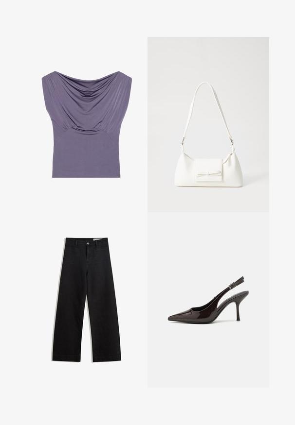 Lila enganliegendes Oberteil mit drapierter Ausschnittlinie, kurzen Ärmeln und gerafftem Textur, aus weichem, dehnbarem Stoff für Komfort hergestellt.; Schwarze weit geschnittene Jeans mit hoher Taille, ausgestattet mit Vorder- und Hintertaschen, gesteppten Nähten und einem Knopfverschluss. Glatte Textur.; Slingback-Pumps aus glänzendem dunklen braunen Lackleder, mit spitzer Zehenpartie, offenen Seiten und verstellbarem Knöchelriemen.; Weiße synthetische Handtasche in dreieckiger Form, flache Vorderklappe und Schleifendetail, verstellbarer Trageriemen, glatte Textur und minimalistisches Design.