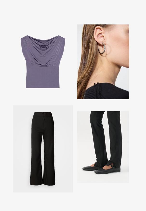 Top aderente viola con scollatura drappeggiata, maniche corte e texture arricciata, realizzato in tessuto morbido ed elastico per il massimo comfort.; Pantaloni neri a gamba larga con texture liscia, vita alta e design semplice. Nessuna tasca visibile o decorazioni.; Ballerine in pelle nera con punta appuntita, cinturino con fibbia in argento, abbinate a pantaloni neri su misura con orlo a spacco.; Orecchino a cerchio in argento con finitura lucida, caratterizzato da piccoli dettagli in oro e una forma tondeggiante, indossato sul lobo.