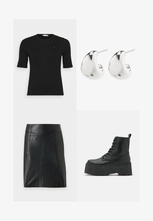 Black ribbed short-sleeve top featuring a round neckline and a small logo on the chest, set against a plain white background.; Black leather skirt with a fitted design. Smooth texture, seams outlining shape, and a straight hem. Minimalistic and sleek appearance.; Black ankle boots with a chunky platform sole, made of smooth leather, featuring a lace-up design and a pull tab at the back.; Silver stud earrings with a smooth, curved design. They feature a polished finish and a post backing for secure wear.