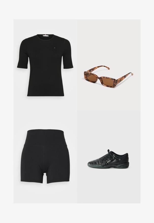 Top preto canelado de mangas curtas com um decote redondo e um pequeno logótipo no peito, colocado sobre um fundo branco liso.; Calções atléticos pretos com uma cintura alta elástica, feitos de um tecido suave e elástico. Apresentam um design ajustado e detalhes de costura mínimos.; Sapatilha atlética em couro preto com um design acolchoado, bico arredondado, atilhos frontais e sola de borracha. Apresenta uma marcação discreta na lateral.; Uns óculos de sol de padrão tartaruga com lentes retangulares castanhas, uma armação grossa e hastes finas com um padrão de diferentes tons de castanho.; Bolsa tote castanha feita de material suave, com um grande bolso frontal, duas alças e um design simplificado e estruturado.