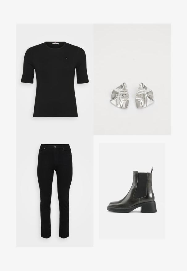 Schwarzes, geripptes T-Shirt mit kurzen Ärmeln, rundem Halsausschnitt und kleinem Logo auf der Brust, vor einem schlichten weißen Hintergrund.; Schwarze Jeans aus Denim mit schlanker Passform, Fünf-Taschen-Design, vorderer Knopfverschluss und leichtem Stretch für Komfort. Flache, glatte Textur mit minimalen Details.; Schwarze Leder-Ankle-Boots mit glatter Oberfläche, elastischen Seitenpanelen und einem massiven Absatz. Sie verfügen über eine Zugschlaufe für einfaches Anziehen.; Silberne Metallohrringe mit einem wellenförmigen, skulpturalen Design, das eine polierte Oberfläche und unregelmäßige Formen aufweist, die eine zeitgenössische Ästhetik betonen.